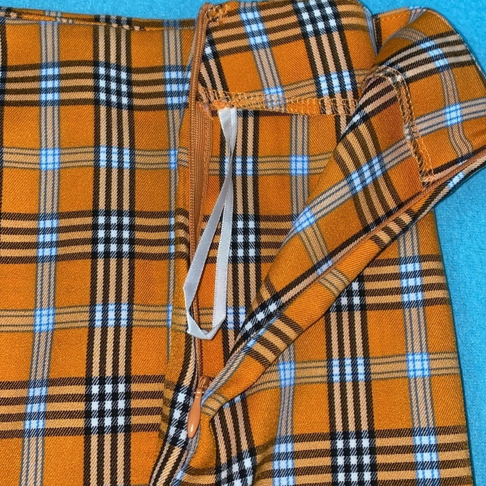 SHEIN mini skirt plaid orange turquoise 2 front slits side zipper NEW size S - Picture 4 of 10